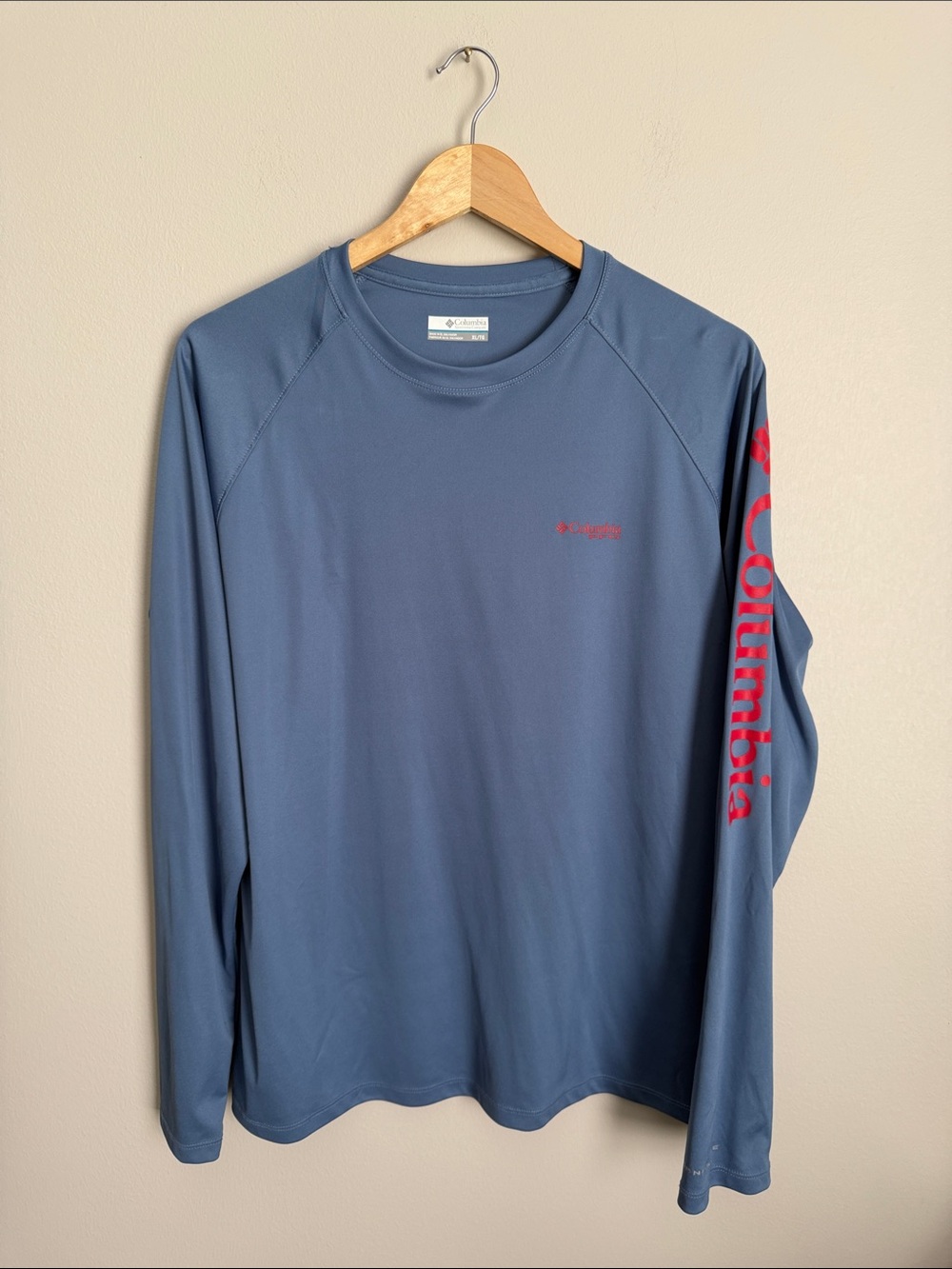 Columbia Slate Blue Long-Sleeve Performance Tee with Red Sleeve Logo